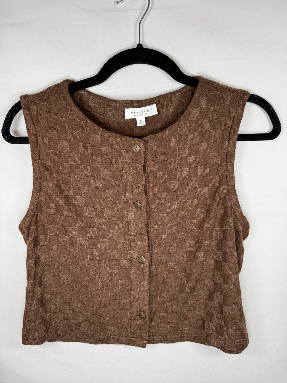 KIRIOUS Womens M Brown Checkerboard Knit Sweater Vest Button Front Cropped Tank